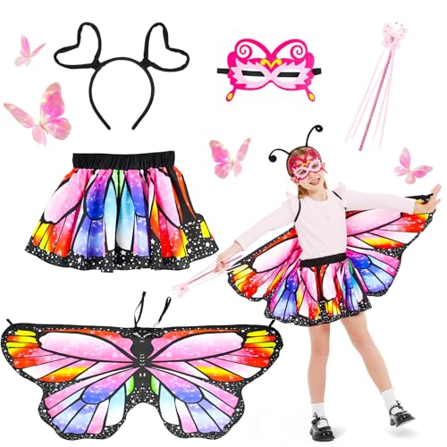 Ulikey Schmetterling Kostüm Kinder, 5 Stück Schmetterling Umhang Kinder Set mit Maske, Tutu Rock, Haarbänder und Feenstäbe, Schmetterling Umhang Kostüm für Mädchen Karneval Fasching Halloween (Rosa) von Ulikey