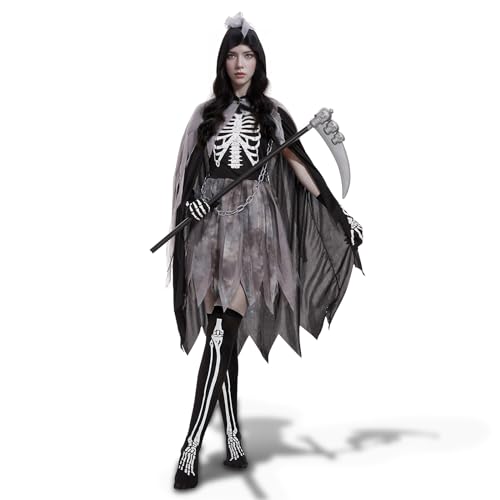 Ulikey Sensenmann Kostüm Damen, Grim Reaper Kostüm Erwachsene, Halloween Scream Geisterkostüm Kostüm Set mit Sense, Gesichtsmaske, Skelett Handschuhe, Im Dunkeln Sensenmann Robe für Halloween Cosplay von Ulikey