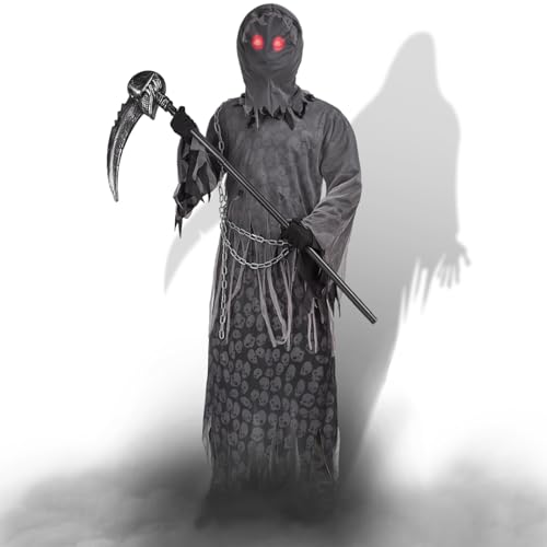 Ulikey Sensenmann Kostüm Herren, Grim Reaper Kostüm Erwachsene, Halloween Gruselig Schwarzes Gewand Set mit Sense, Kapuze und Skelett Handschuhe für Halloween Karneval Dekoration Cosplay von Ulikey