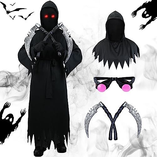 Ulikey Sensenmann Kostüm mit Doppelsensen, Schwarzes Gewand Kinder Gruselig, mit Leuchtend Roten Augen, Grim Reaper Kostüm Tod Set für Jungen Mädchen Halloween Dress Up Party von Ulikey