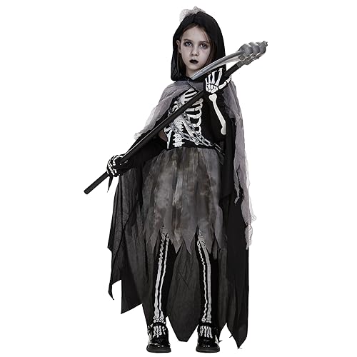 Ulikey Sensenmann Mädchen Kostüm, Sensemann Kostüm Kinder, Halloween Sensenmann Robe Set mit Kapuzengewand, Taillenkette, Skelett Handschuhe, Im Dunkeln Scream Kostüm für Halloween Cosplay(10-12Jahre) von Ulikey