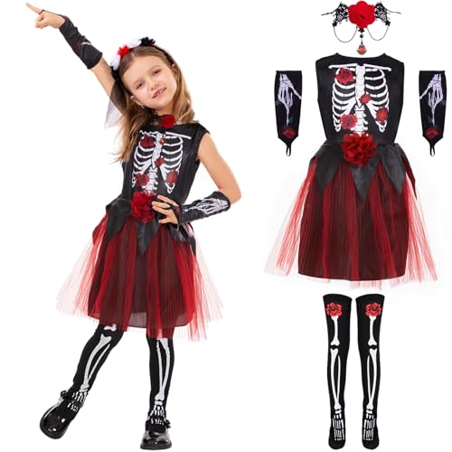 Ulikey Skelett Kleid Mädchen, Skelett Kostüm Kinder Skelett Outfit Mädchen Set mit Halloween Skelett Handschuhe Kinder und Skelett Strümpfe, Skelett Kostüm Mädchen für Halloween Karneval (L) von Ulikey