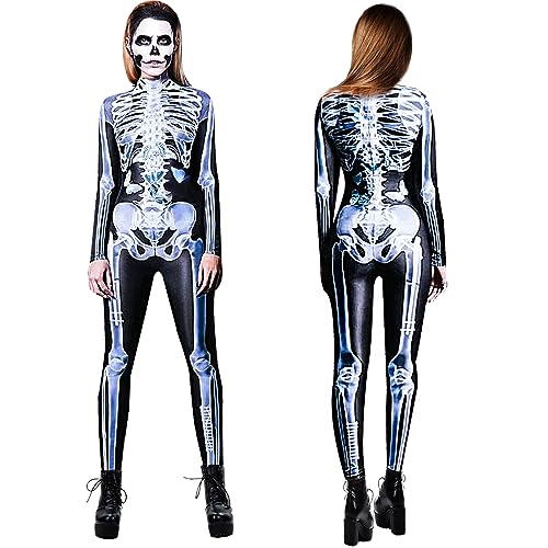 Ulikey Skelett Kostüm, Jumpsuit Knochen , Mecha Overall Herren, Langarm Skinny Bodysuit Halloween für Erwachsene für Verkleidung Fasching Karneval Mottoparty Cosplay (Damen-S) von Ulikey