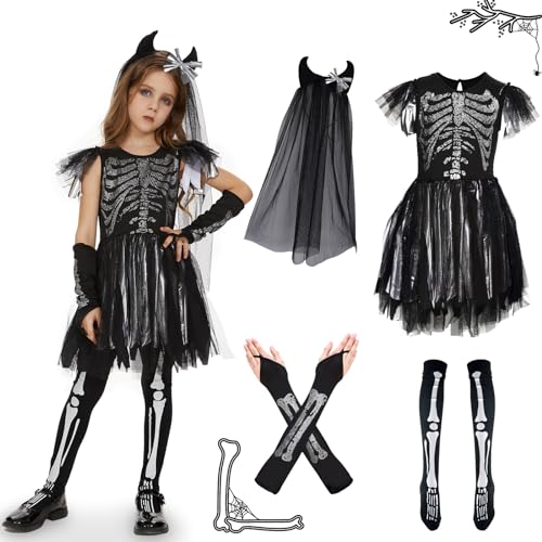 Ulikey Skelett Kostüm Kinder, Halloween Skelett Kleid Skelett Outfit Mädchen mit Schleier Stirnband, Totenkopf Beinsocken und Ärmeln für Halloween und Karneval (L, Skelett) von Ulikey