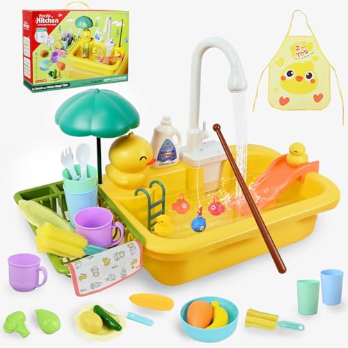 Ulikey Spielspüle Kinder, Küchenspüle Spielzeug Set mit Wasserkreislauf, 2-in-1 Elektrischem Wasserhahn, Schwimmendes Angelspielzeug, Schürze, Spielzeug Zubehör Küche Rollenspiel für Kinder 3+ (Gelb) von Ulikey