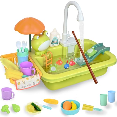 Ulikey Spielspüle Kinder, Küchenspüle Spielzeug Set mit Wasserkreislauf, 2-in-1 Elektrischem Wasserhahn, Schwimmendes Angelspielzeug, Schürze, Spielzeug Zubehör Küche Rollenspiel für Kinder 3+ (Grün) von Ulikey