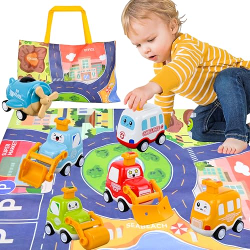 Ulikey Spielzeugautos für Kleinkinder, Press and Go Auto für Kleinkinder ab 1 2 3 Jahren, 6 teiliges Autospielzeug mit Spielmatten Aufbewahrung, Lernspielzeug Geburtstag Geschenk für Mädchen Jungen von Ulikey