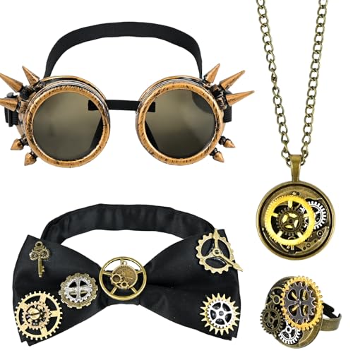 Ulikey Steampunk Kostüm Herren, 4pcs Steampunk Kostüm Zubehör, Inklusive Steampunk Brille, Fliege, Halskette und Ring, Steampunk Accessoires für Halloween Kostüm Karneval Fasching Mottoparty Cosplay von Ulikey