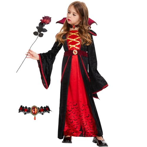 Ulikey Vampir Kostüm Mädchen, Vampire Kleid mit Halskette, Gothic Viktorianische Vampire Queen Dress Cosplay Deluxe Set, Kinderkostüm Vampir für Halloween Karneval Fasching Mottoparty, Rot-Schwarz (S) von Ulikey