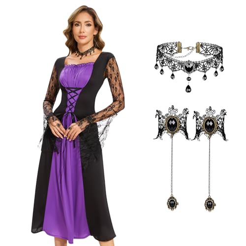 Ulikey Mittelalter Kleid für Frauen, Gothic Kleidung für Damen, Renaissance Kleid Kostüm, Mittelalterliche Kleidung Accessoires mit Halsband und Armband, Retro Hexen Kostüm Karneval Halloween Cosplay von Ulikey