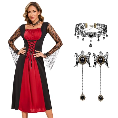 Ulikey Mittelalter Kleid für Frauen, Gothic Kleidung für Damen, Renaissance Kleid Kostüm, Mittelalterliche Kleidung Accessoires mit Halsband und Armband, Retro Hexen Kostüm Karneval Halloween Cosplay von Ulikey