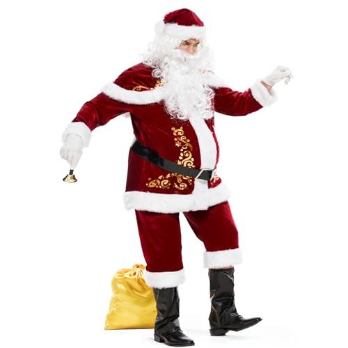 Ulikey Weihnachtsmann Kostüm Herren, Weihnachtsmann Outfit Erwachsene Nikolaus Kostüm Herren Set mit Komplettem Weihnachtsmann Zubehör Set für Weihnachten, Karneval (4XL) von Ulikey