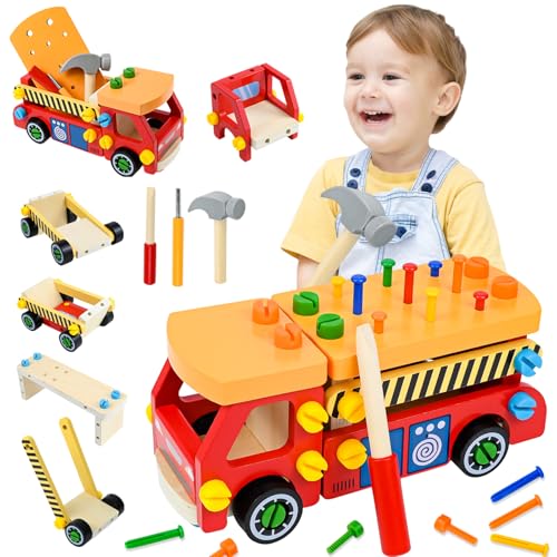 Ulikey Werkzeugkoffer Kinder Werkbank, Auto Holzspielzeug, Montessori Spielzeug, Werkzeugwagen Kinder mit Nägel Schrauben Zubehör, Pädagogisches Lernen Spielzeug für 2 3 4 5 Junge Mädchen Geschenk von Ulikey