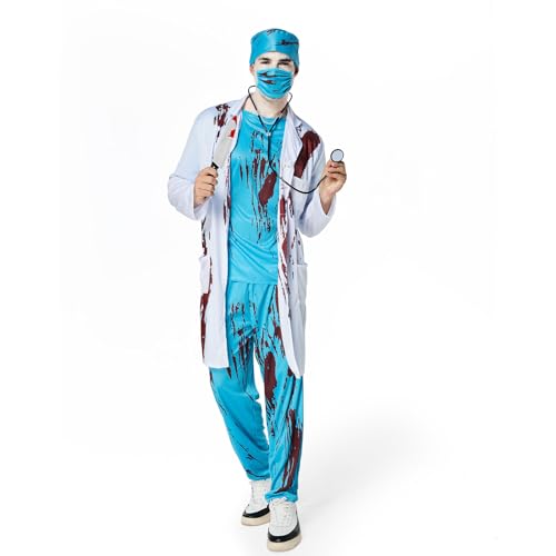 Ulikey Zombie Arzt Kostüm Herren, Halloween Doktor Kostüm Herren Horror Chirurg Kostüm Set mit Arztkittel, Doktorhut, Arztmaske, Oberteil, Hose und Stethoskop für Halloween Karneval (2XL) von Ulikey