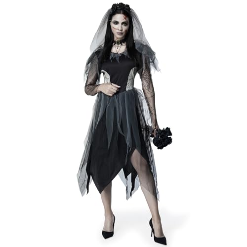 Ulikey Zombie Braut Kostüm Damen, Damen Horror Braut Kostüm, Horror Braut Kostüm Langärmlig Gothic Spitzenkleid, Halloween Kostüm Zombie Braut mit Haarband, Gothic-Halskette und Schwarzen Rosen (L) von Ulikey