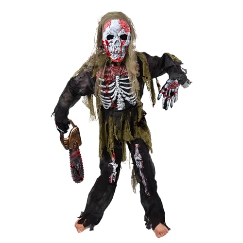 Ulikey Zombie Kostüm Kinder, Gruseliges Halloween Skelett Zombie Kostüm Kinder Set, Lebende Toten Zombie Kostüm mit Skelett Handschuhen, Zombie Maske, Hemd und Hose mit Knochen (L) von Ulikey