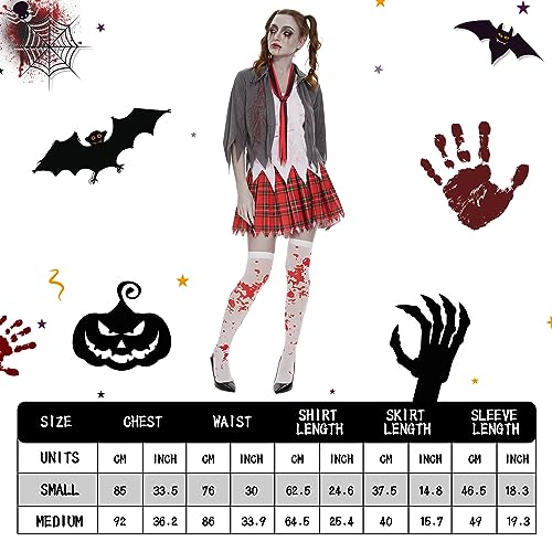 Ulikey Zombie Schulmädchen Kostüm, Halloween Kostüm Damen Horror, Graue Jacke, Kariertem Rock, Hemden Krawatte und Socken, Grusel Zombiekostüm Schülerin für Halloween Anziehparty Rollenspiele von Ulikey