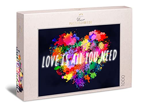 Ulmer Puzzleschmiede „Love is All You Need“ - Zeitgemäßes Valentinstag-Puzzle mit 1000 Teilen - Bunte Herz-Illustration als Farb-Spektakel - Moderne Kunst als Puzzle-Design von Ulmer Puzzleschmiede