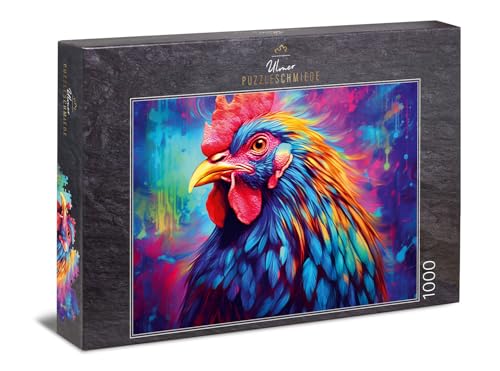 Ulmer Puzzleschmiede - 1000 Teile Gockel-Puzzle Gallus - Schillerndes Portrait vom stolzen Hahn vor abstraktem Hintergrund - Vogel-Puzzle mit Qualität Made in Germany von Ulmer Puzzleschmiede