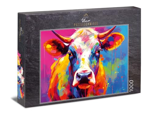 Ulmer Puzzleschmiede - 1000 Teile Kühe-Puzzle Buntes MUH - Farbenfrohes Kuh-Portrait vor abstraktem Hintergrund - Tiere-Puzzle mit Qualität Made in Germany von Ulmer Puzzleschmiede