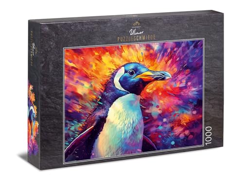 Ulmer Puzzleschmiede - 1000 Teile Puzzle Pinguin - Kontrastreiches Kunst-Puzzle mit dem Pinguin in schwarz-weiß vor knallig-explodierendem Farb-Hintergrund, Puzzle-Qualität Made in Germany von Ulmer Puzzleschmiede