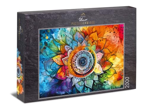 Ulmer Puzzleschmiede - 2000 Teile Puzzle Regenbogen-Mandala - Farbenreiches Mandala-Motiv - vergleichsweise einfaches Mandala-Puzzle durch hohe Formen- und Farb-Vielfalt von Ulmer Puzzleschmiede