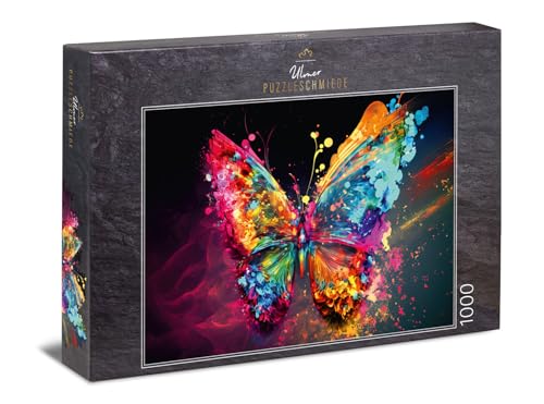 Ulmer Puzzleschmiede Butterfly Effekt - 1000 Teile Puzzle Schmetterling - Farbenfrohe Schmetterlings-Flügel als Farbexplosion vor Anthrazit-Hintergrund - Puzzle-Qualität Made in Germany von Ulmer Puzzleschmiede