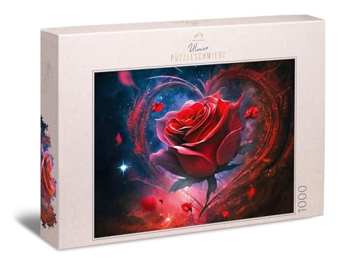 Ulmer Puzzleschmiede - Herz-Puzzle „Valentin“ 1000 Teile - effektvolles Herz-Symbol umfasst die Filigrane Rote Rose - das Puzzle zum Valentinstag - Puzzle-Qualität Made in Germany von Ulmer Puzzleschmiede