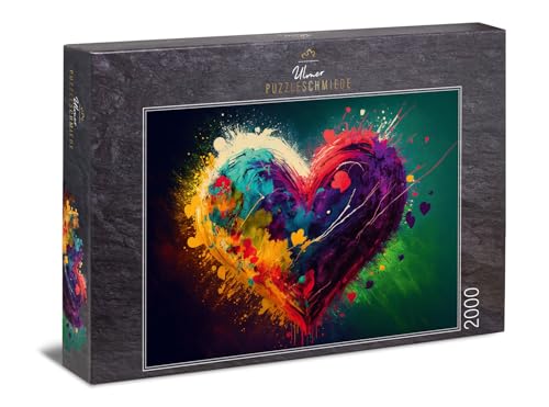 Ulmer Puzzleschmiede - Herz-Puzzle Colors of Love - Farbenreiche Herz-Illustration als 2000 Teile Puzzle - Knalliges Puzzlemotiv aus der Puzzle-Kollektion Farben & Fantasy von Ulmer Puzzleschmiede