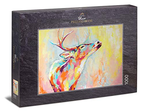 Ulmer Puzzleschmiede - Kunst-Puzzle Bunter Hirsch - modernes Ölgemälde als klassisches 1000 Teile Puzzle - Der gemalte Hirsch als abstraktes Tier-Puzzle von Ulmer Puzzleschmiede