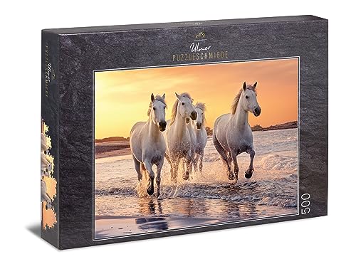 Ulmer Puzzleschmiede - Pferde-Puzzle Camargue-Pferde - klassisches 500 Teile Tierpuzzle - das weiße Pferd in freier Wildbahn in der Camargue, Provence, Südfrankreich von Ulmer Puzzleschmiede