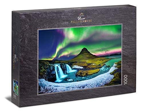 Ulmer Puzzleschmiede - Puzzle „Berg & Licht“ – Klassisches 1000 Teile Puzzle – Puzzlemotiv der Polarlichter über dem berühmten Kirkjufell-Berg - Landschaft unter Nordlichtern in Island von Ulmer Puzzleschmiede