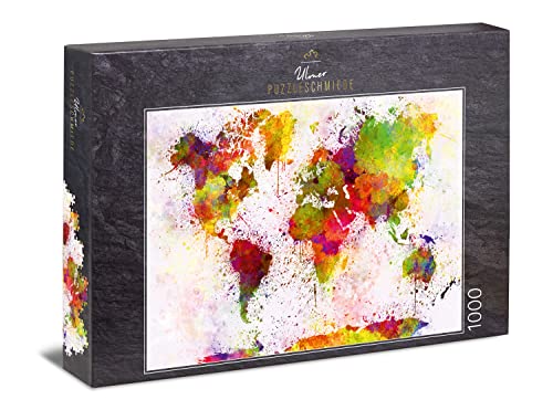 Ulmer Puzzleschmiede - Puzzle „Bunte Welt“ - Klassisches 1000 Teile Puzzle – Modernes Puzzlemotiv mit origineller Farben-Inszenierung der Weltkarte von Ulmer Puzzleschmiede