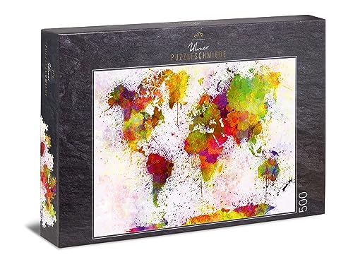 Ulmer Puzzleschmiede - Puzzle „Bunte Welt“ - Klassisches 500 Teile Puzzle – Modernes Puzzlemotiv mit origineller Farben-Inszenierung der Weltkarte von Ulmer Puzzleschmiede