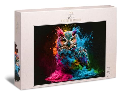 Ulmer Puzzleschmiede - Puzzle „Bunter Nachtvogel“ - Eulen-Portrait mit knalliger Farb-Explosion als 2000 Teile Puzzle - Motiv Eule aus der Puzzle-Kollektion Farben & Fantasy von Ulmer Puzzleschmiede