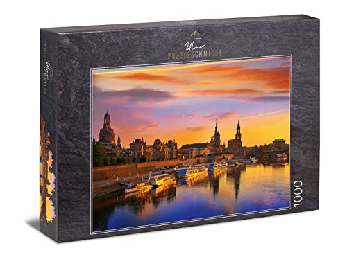 Ulmer Puzzleschmiede - Puzzle „Dresden am Abend“ - Klassisches 1000 Teile Städtepuzzle – Stimmungsvolles Puzzlemotiv der Stadt an der Elbe mit Semperoper, Zwinger und Frauenkirche von Ulmer Puzzleschmiede