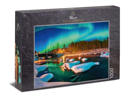 Ulmer Puzzleschmiede - Puzzle „Einsame Lichter“ - Klassisches 1000 Teile Puzzle – Winter-Landschaft in Nord-Schweden bei Nacht - Nordlichter über der magischen Polarnacht von Ulmer Puzzleschmiede