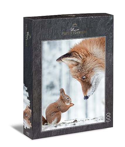 Ulmer Puzzleschmiede - Puzzle „Fleißig & Schlau“ - Pfiffiges 500 Teile Tierpuzzle – Eichhörnchen und Fuchs im Winterwald - Tiere verblüffend in Szene gesetzt - Puzzle-Qualität Made in Germany von Ulmer Puzzleschmiede