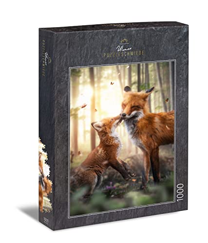 Ulmer Puzzleschmiede - Puzzle „Frühlingsgefühle“ - Die Füchse als sanftmütiges Puzzlemotiv mit 1000 Teilen - Fuchs-Welpe gibt Fuchs-Mama einen Kuss im sonnigen Wald - Puzzle-Qualität Made in Germany von Ulmer Puzzleschmiede