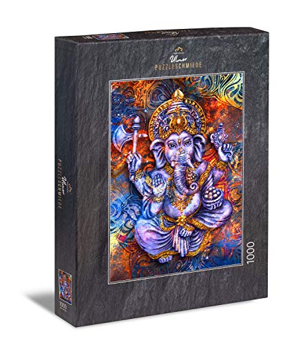 Ulmer Puzzleschmiede - Puzzle „Ganesha“ - Klassisches 1000 Teile Puzzle – Puzzlemotiv der populären Hinduismus-Gottheit Ganesha als farbenfrohes Gemälde von Ulmer Puzzleschmiede