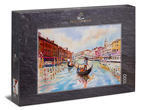 Ulmer Puzzleschmiede - Puzzle „Gondoliere“ - 1000 Teile Puzzle Made in Germany - Klassisches Venedig-Motiv, malerisches Puzzle der Gondeln von Venedig vor der berühmten Rialto-Brücke, Italien von Ulmer Puzzleschmiede