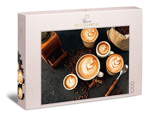 Ulmer Puzzleschmiede - Puzzle „Kaffee-Leidenschaft“ - Klassisches 1000 Teile Puzzle - Abwechslungsreiches Motiv mit Espresso-Tassen, Kaffee-Bohnen und Kaffee-Accessoires - Puzzle Made in Germany von Ulmer Puzzleschmiede