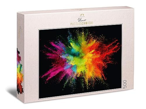 Ulmer Puzzleschmiede - Puzzle „Knallbunt“ - Farbenfrohes, modernes 500 Teile Puzzle – Puzzlemotiv Einer bunten Farb-Pulver-Explosion auf Kontrast-Hintergrund - innovatives Motiv für Puzzle-Entdecker von Ulmer Puzzleschmiede