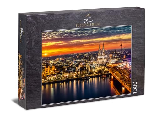 Ulmer Puzzleschmiede - Puzzle „Köln im Abendrot“ – Klassisches 1000 Teile Puzzle – Puzzlemotiv der Kölner Altstadt bei Sonnenuntergang mit Dom und Hohenzollernbrücke von Ulmer Puzzleschmiede