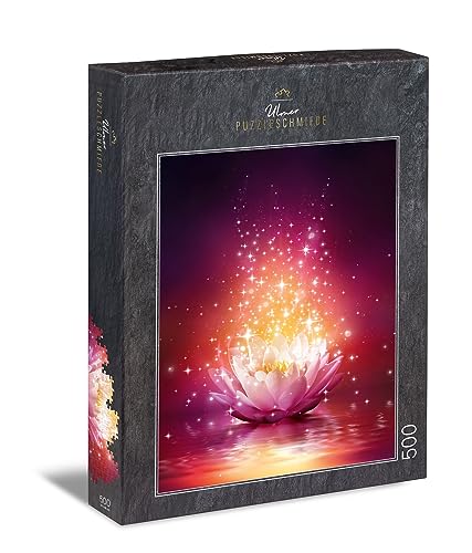 Ulmer Puzzleschmiede - Puzzle „Lotus-Magie“ - Kunstvoll-modernes 500 Teile Puzzle - Fantastische Lotusblüte als leuchtende Zauberblume auf dem Wasser - Puzzle-Qualität Made in Germany von Ulmer Puzzleschmiede