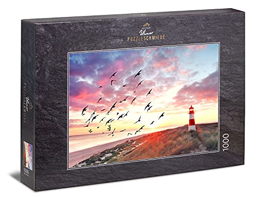 Ulmer Puzzleschmiede - Puzzle „Nordsee-Sehnsucht“ - Stimmungsvolles 1000 Teile Landschafts-Puzzle - traumhafte Nordsee-Küste mit Leuchtturm am Strand von Sylt von Ulmer Puzzleschmiede