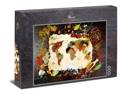 Ulmer Puzzleschmiede - Puzzle „Taste The World“ - Klassisches 1000 Teile Puzzle – Puzzlemotiv Weltkarte aus bunten Gewürzen - originelle Food-Fotografie als farbenfrohes Erwachsenen-Puzzle von Ulmer Puzzleschmiede