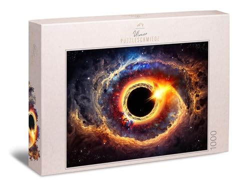 Ulmer Puzzleschmiede - Weltraum-Puzzle 1000 Teile „Black Hole“ - Schwarzes Loch mit leuchtenden Effekten im Universum - schweres 1000 Teile Impossible-Puzzle - Qualität Made in Germany von Ulmer Puzzleschmiede