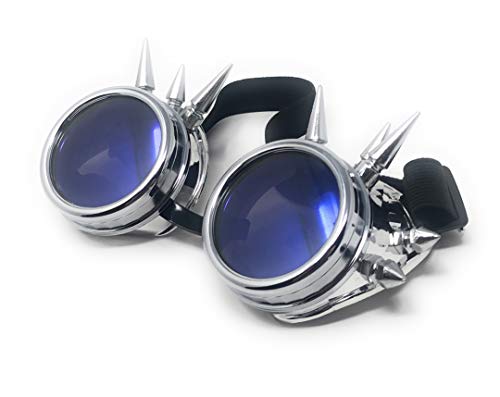 Ultra Silber mit Blauen Linsen Spike Steampunk Brille Herren Damen Cyber ​​Brille Viktorianisch Punk Schweißen Cosplay Brille Goth Rustikale Niete Runde Brille Fliegende Brille Fancy Dress von UltraByEasyPeasyStore