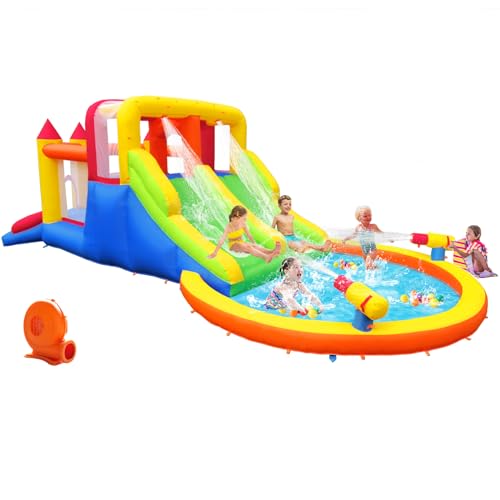 Umbalir Aufblasbare Hüpfburg mit 4 Rutschen, großes Hüpfhaus mit Sprührutsche, Trampolin Wasserpool, aufblasbare Wasserrutsche mit Gebläse für Kinder, Kleinkinder, Outdoor Indoor, 6,28 x 2,93 x 1,95 m von Umbalir